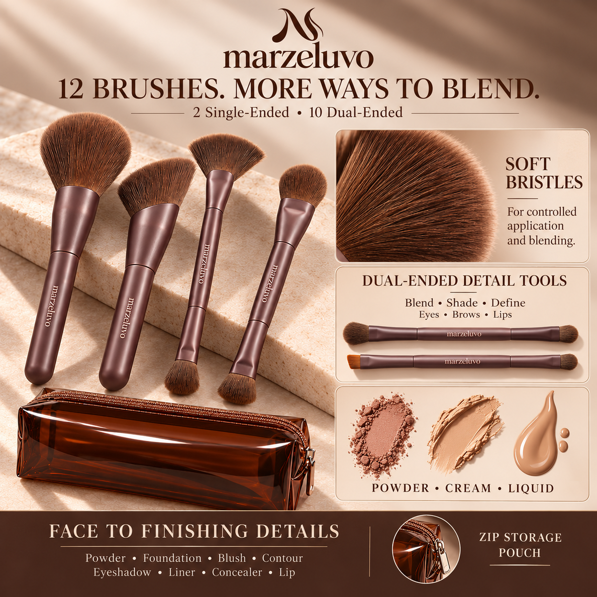 Marzeluvo® Cocoa Blend 12-Piece Makeup Brush Set
