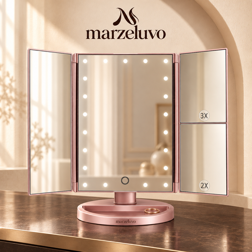 Marzeluvo® Rose Glow Tri-Fold LED Makeup Mirror