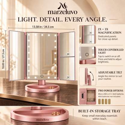 Marzeluvo® Rose Glow Tri-Fold LED Makeup Mirror