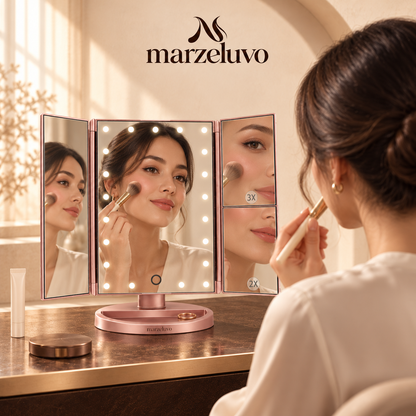 Marzeluvo® Rose Glow Tri-Fold LED Makeup Mirror