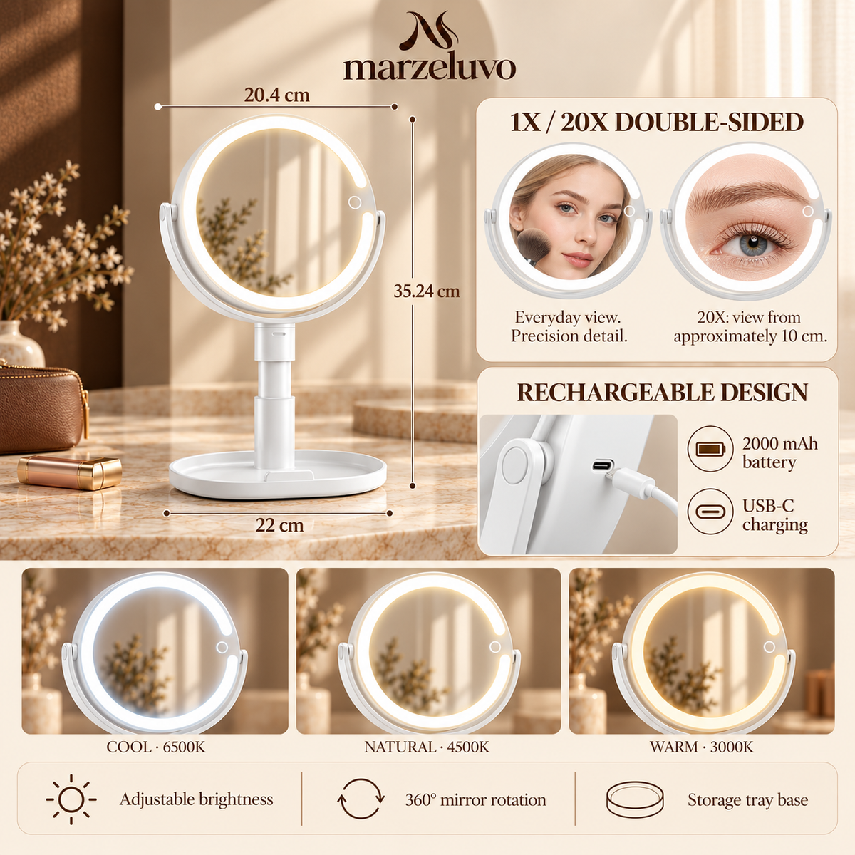 Marzeluvo® Duo Detail 1X/20X Rechargeable Makeup Mirror